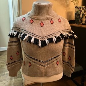 Lou & Grey Tan Turtleneck Sweater with Red and Black Accents